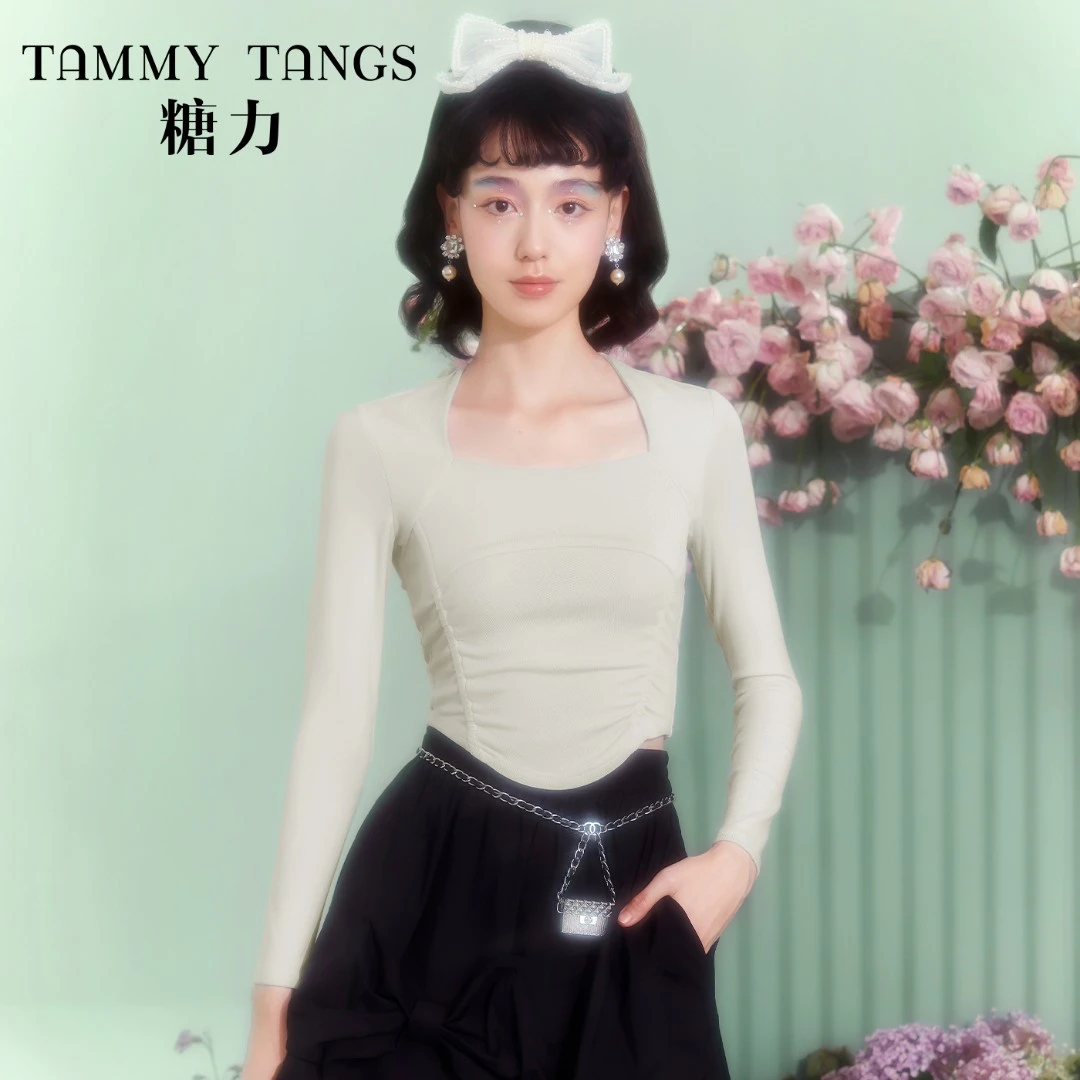 【商场同款】糖力 长袖T恤女鱼骨收腰短款紧身针织打底衫上衣春秋