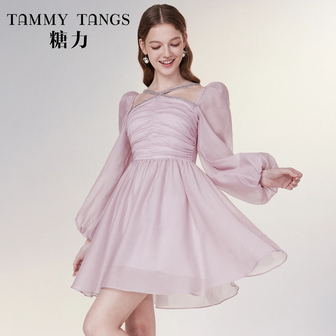 【老板娘夏天】糖力 缪斯女神裙春季新款长袖钻饰镂空连衣裙女