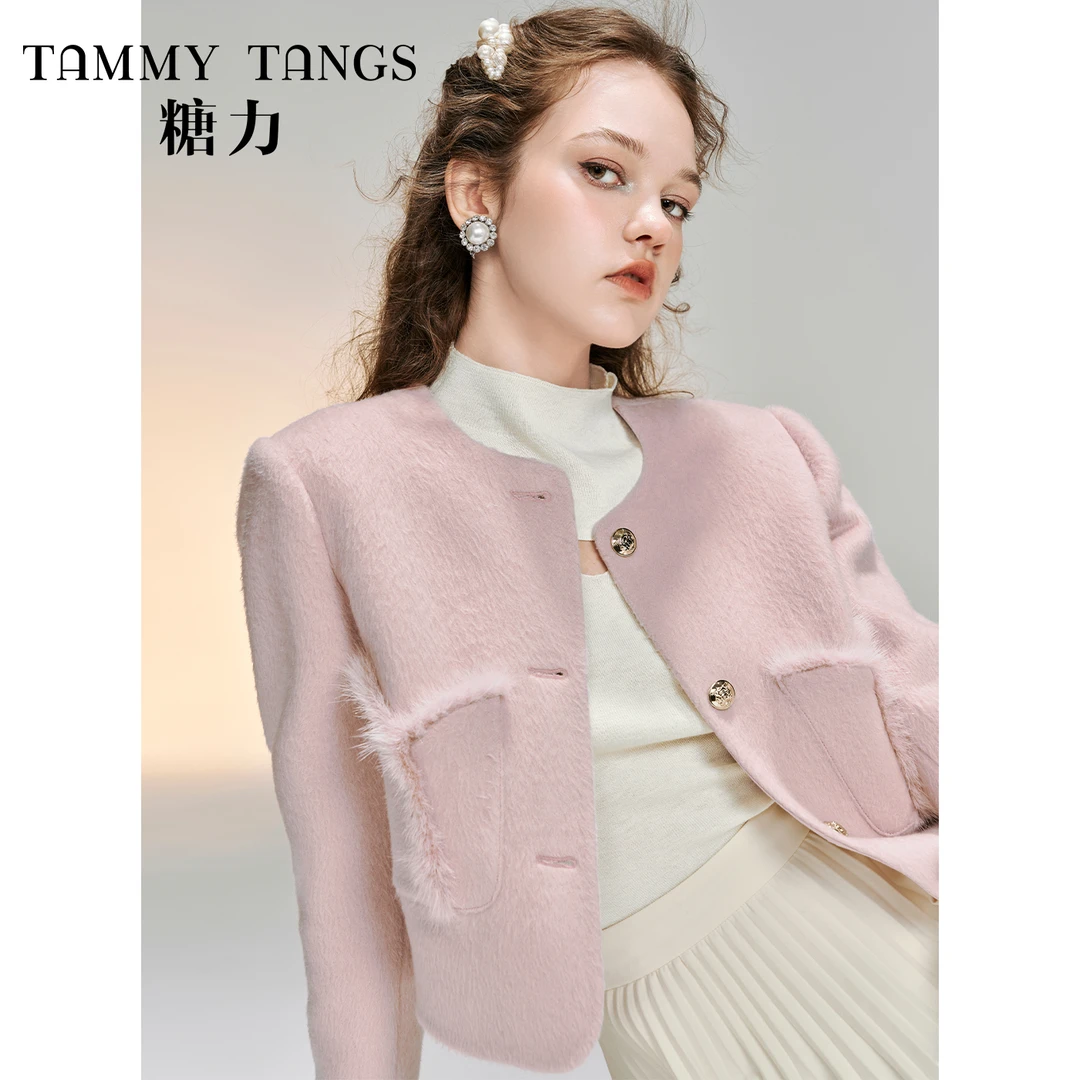 【诗语专属】糖力秋冬季粉色法式小香风毛呢外套女短款