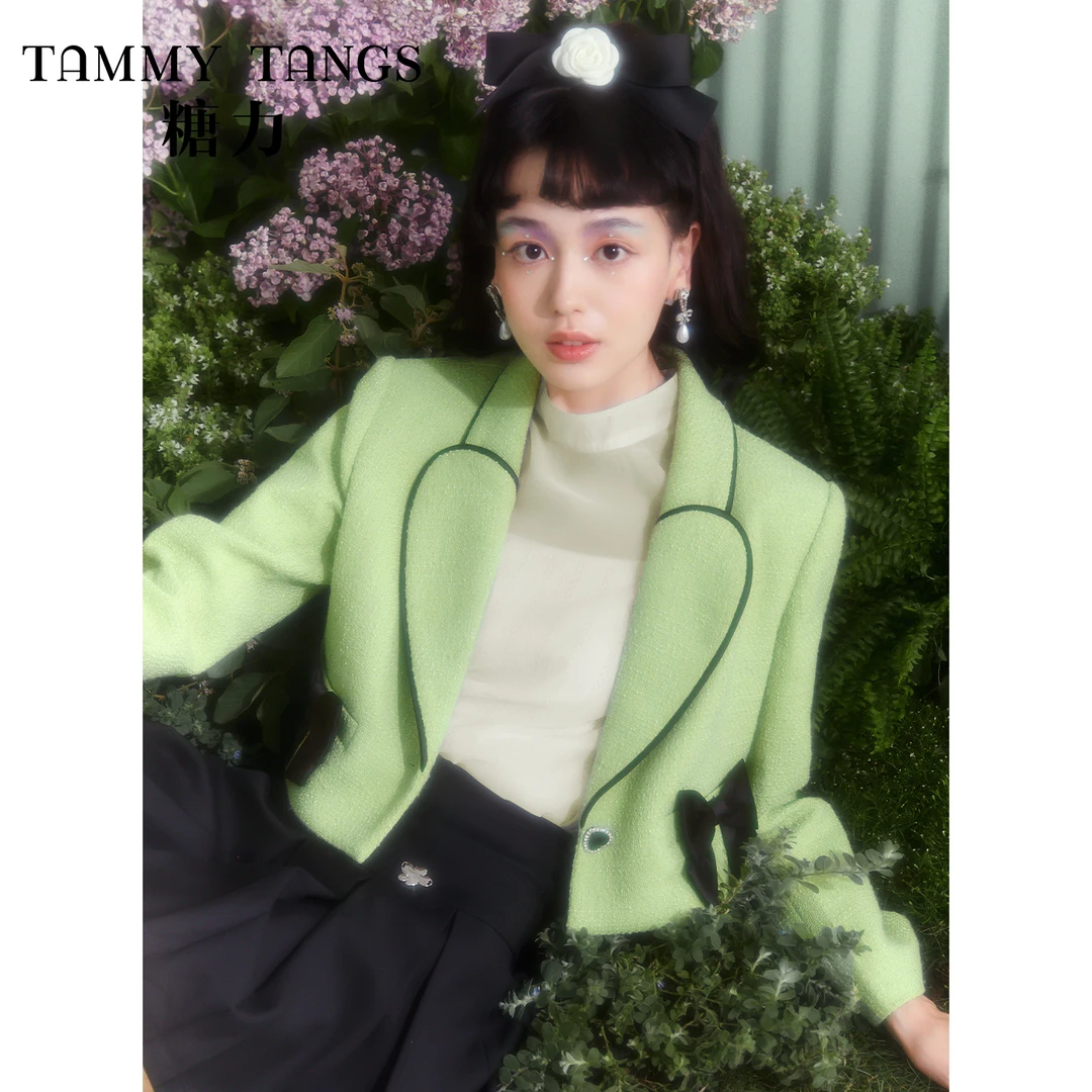 【诗语专属】糖力春季新款撞色心形翻领粗花呢小香风短外套女