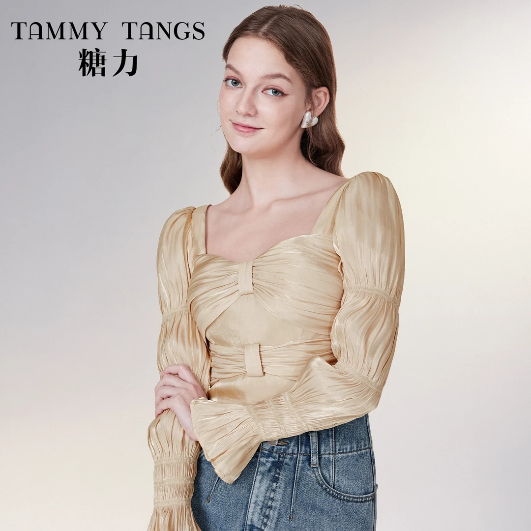 【柒柒专享】糖力春秋季长袖方领蝴蝶结造型流光海岛丝上衣短款