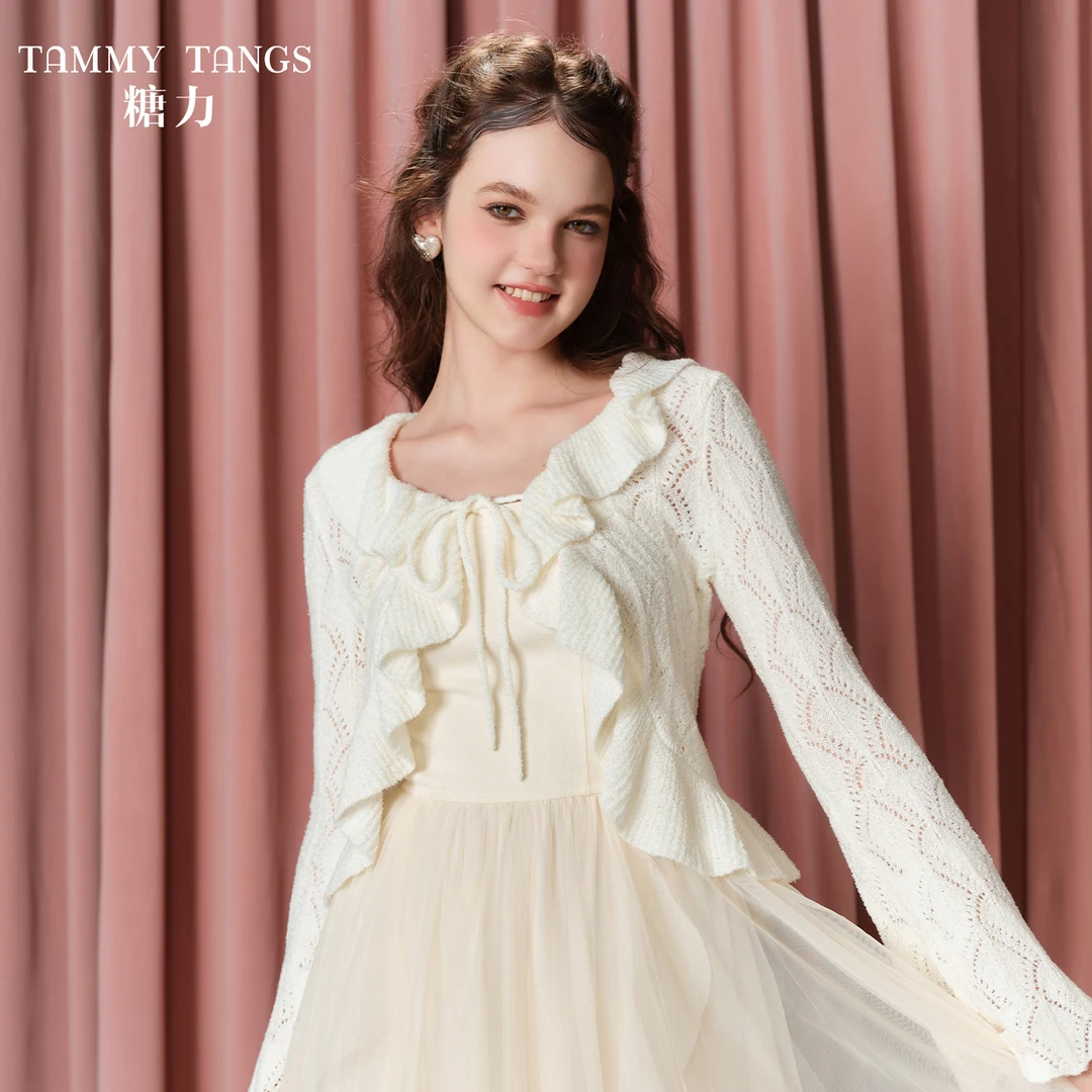 3020【CC王专属】糖力长袖绑带荷叶边针织衫开衫女TWRQS63020