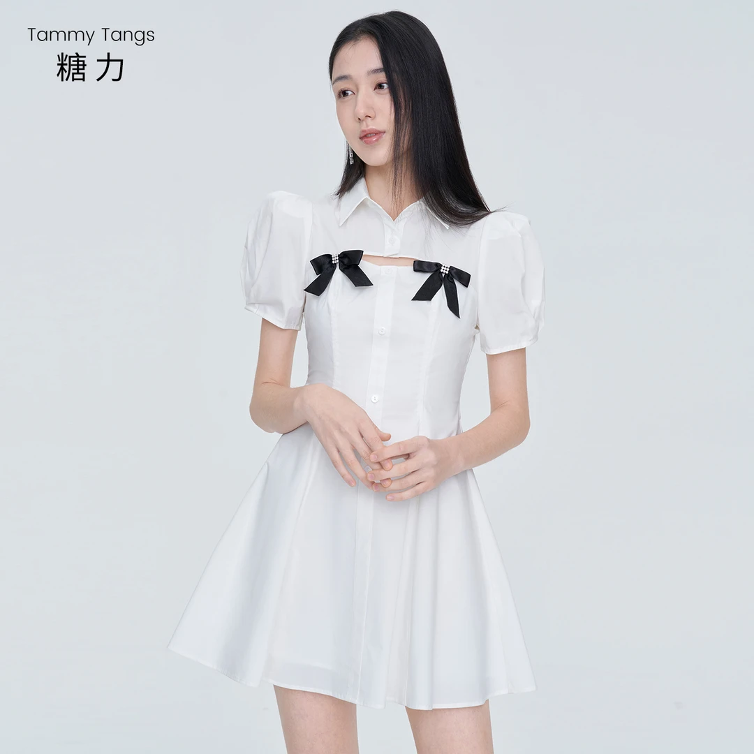 【老板娘夏天】糖力 白月光初恋衬衫裙女 短袖钻饰蝴蝶结镂空连衣裙