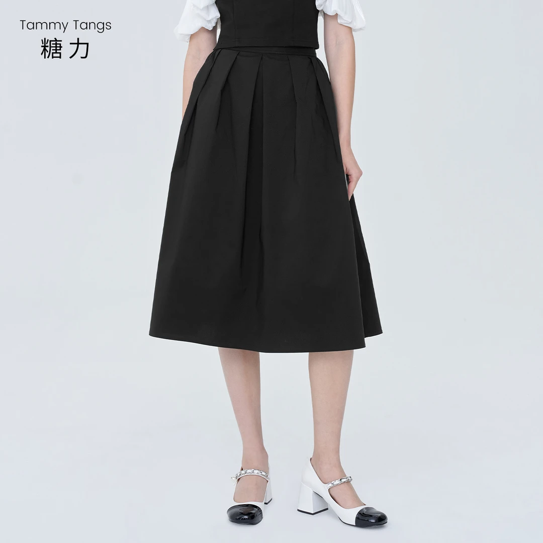 【老板娘夏天】糖力 黑色中长款A字半身裙高腰显瘦遮胯收褶伞裙