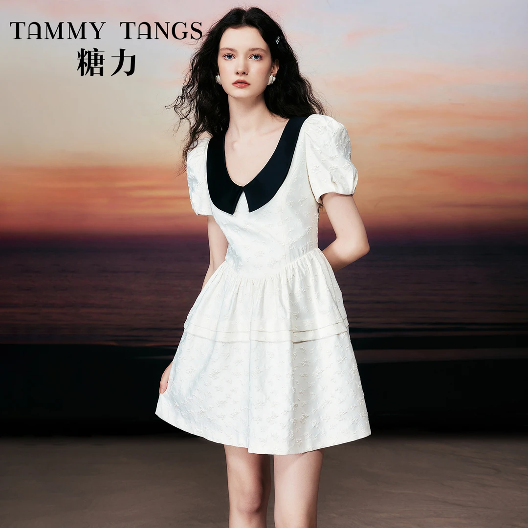 【老板娘夏天】糖力 夏新款miu系撞色U领短袖提花连衣裙
