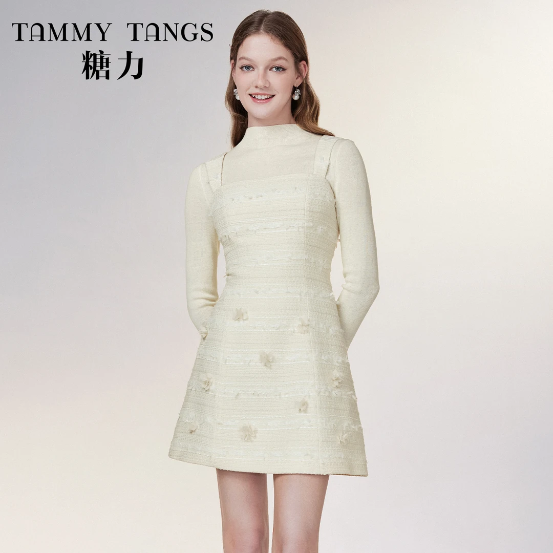 【丽公主】糖力立体花蕾编织粗花呢小香风外穿吊带连衣裙TWRCQ47500