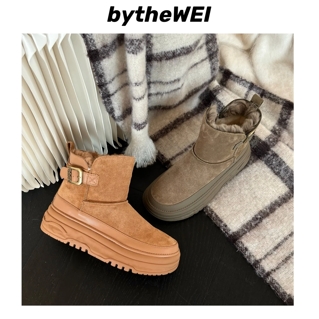 bytheWEI【栗冬拿铁】搭扣百搭真皮溶解底短筒雪地靴女厚底短靴靴子