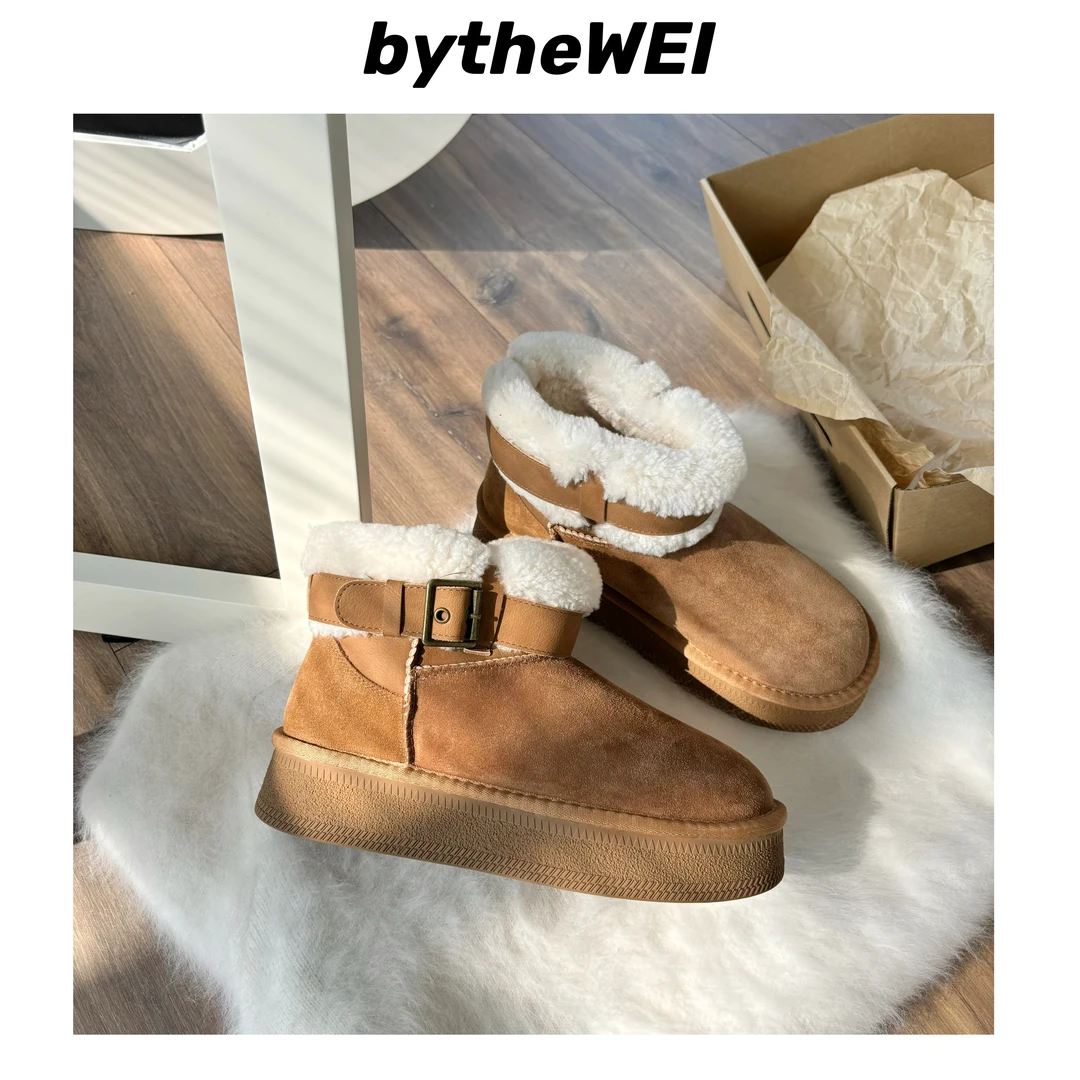bytheWEI~【初雪缪斯】保暖扣带厚底短筒真皮雪地靴女短靴