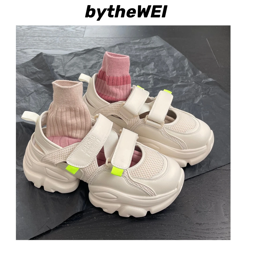 bytheWEI~魔术贴厚底真皮网面透气老爹鞋增高休闲鞋女运动凉鞋ins