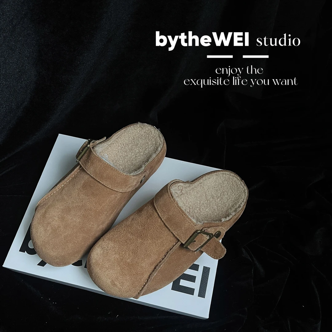 bytheWEI包头半拖加绒两穿一脚蹬毛毛勃肯鞋懒人外穿拖鞋5502-16