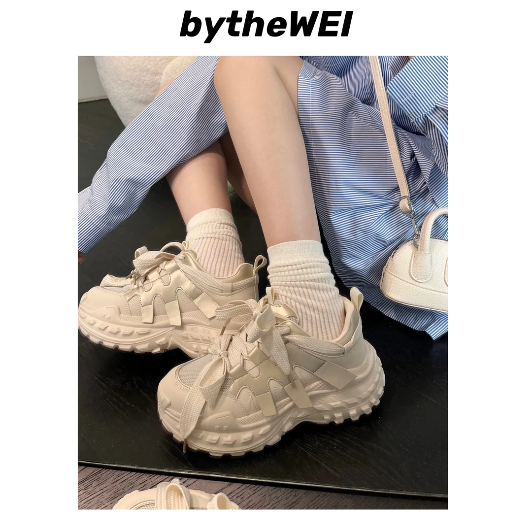 bytheWEI双蝴蝶结大象灰真皮轮胎底老爹鞋女厚底运动鞋潮ADDF-145