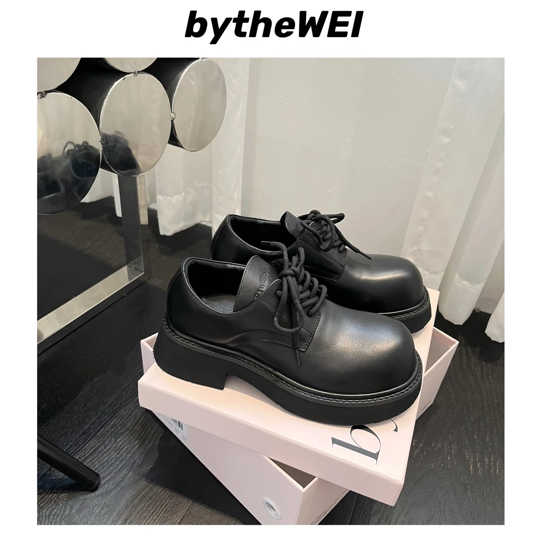 bytheWEI~巴家米琪大头鞋真皮厚底小皮鞋女单鞋系带德比鞋百搭