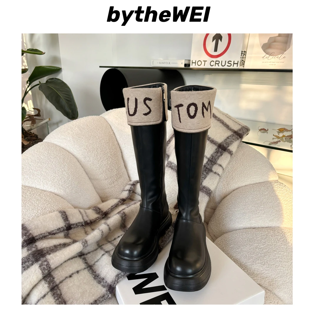 bytheWEI~【翻边字母靴】拼接百搭显瘦厚底黑色高筒靴时尚长靴女