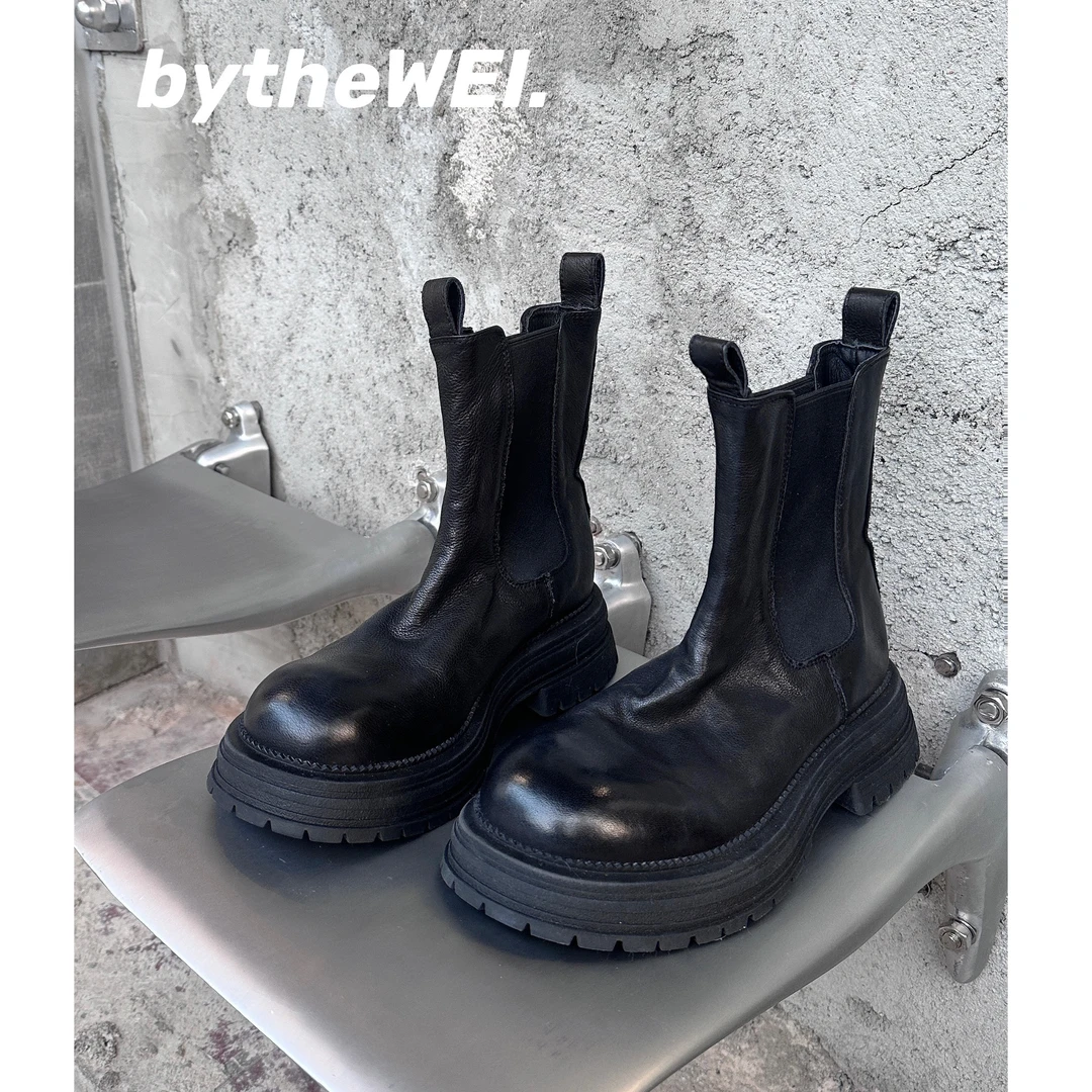 bytheWEI~【鬼家水洗烟筒靴】高端真皮厚底百搭切尔西靴短靴女靴子