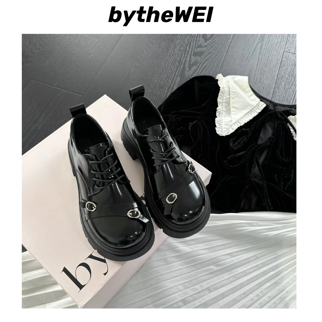 bytheWEI~【伦敦记忆】24新款搭扣英伦风真皮厚底系带小皮鞋女单鞋