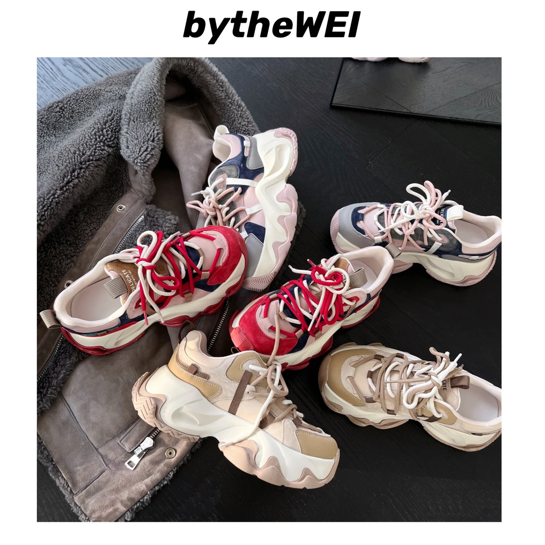 bytheWEI~【梅子果酱】欧货24新款百搭拼色真皮厚底老爹鞋女运动鞋
