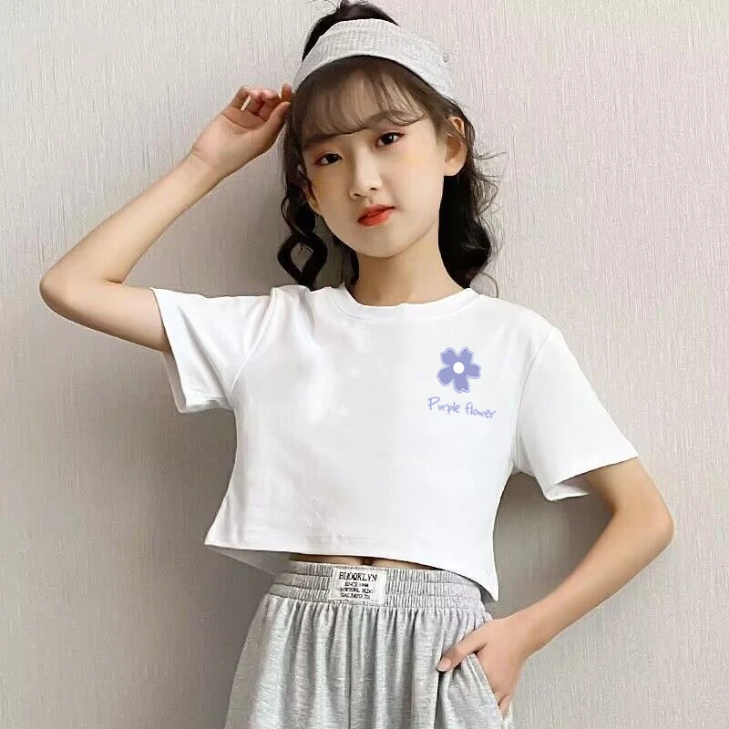 100%纯棉女童露脐装短袖新款高腰t恤夏季学生短款儿童韩版上衣潮