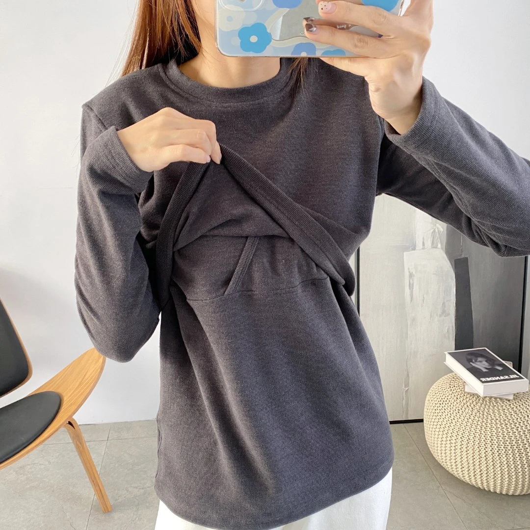 孕妇德绒保暖哺乳衣睡衣长袖秋季冬季哺乳打底衫喂奶衣套头圆领