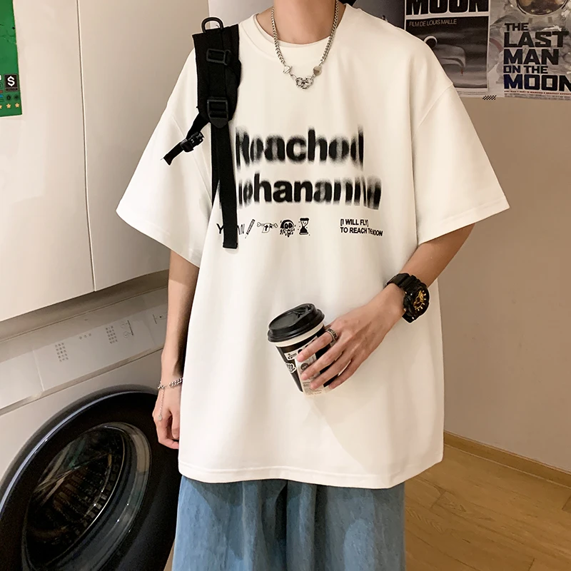 美式透气阔版潮流T恤纯棉圆领印花凉感男士宽松潮印抗皱短袖防晒