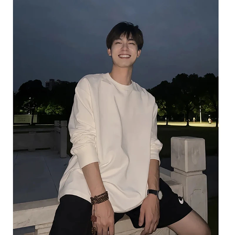 港风秋季男士宽松长袖T恤潮男休闲百搭ins圆领重磅纯棉美式潮流