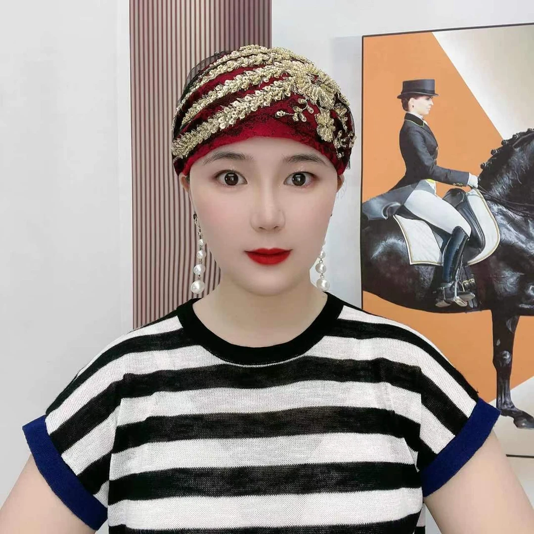 【洋气遮白发】秋冬凤尾刺绣包头帽韩版钉珠女士头巾帽漂亮遮白发