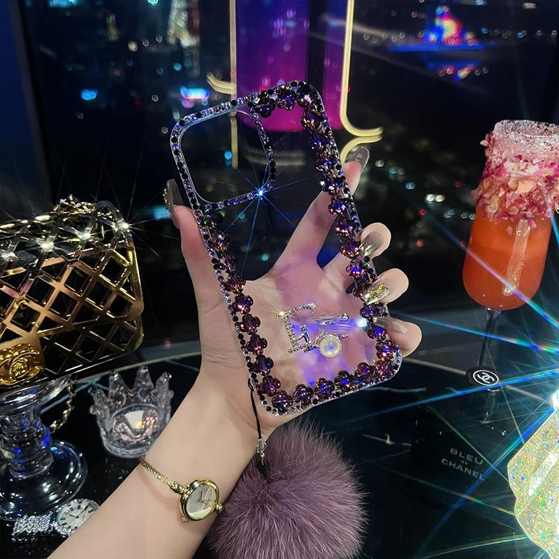 透明紫色秋冬毛球苹果14promax手机保护壳iPhone1315promax轻奢女