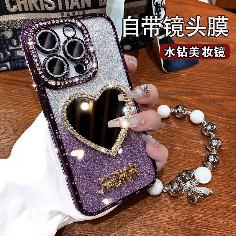 水钻镜子iphone15promax手机保护壳苹果14pro带镜头膜全包13防摔