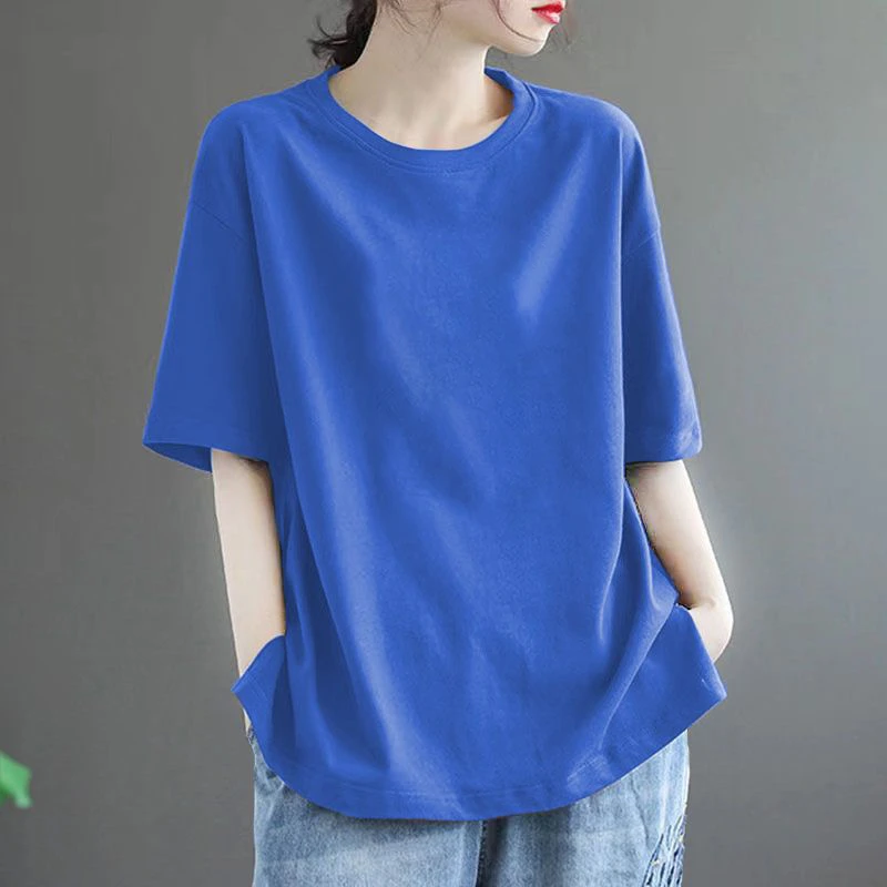 100%棉短袖T恤女夏季大码女装显瘦休闲百搭纯色韩版宽松半袖上衣