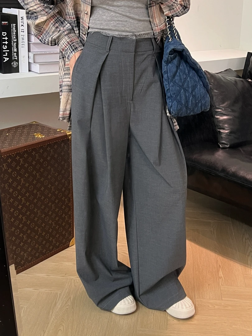吕亿studio【格调】麻灰色蕾丝边设计感西裤