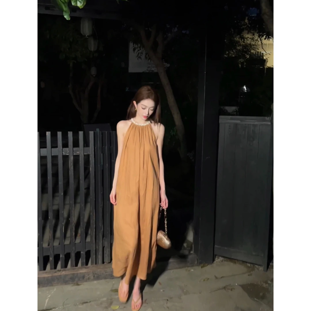 ELEVEN《杜乐丽午后》钉珠领边无袖纯色宽松连衣裙