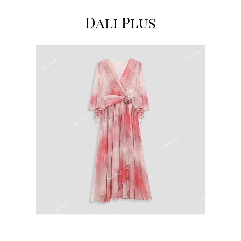 DALI PLUS高阶版100%桑蚕丝浪漫法式度假风晕染连衣裙-D4KK0057-1