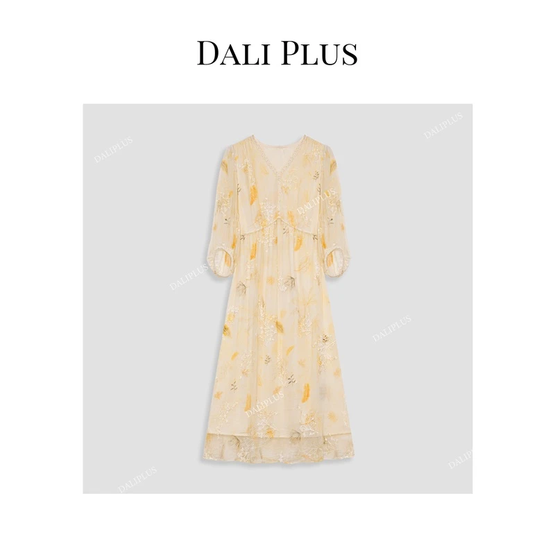 DALI PLUS重磅100%桑蚕丝气质感温柔时尚度假风连衣裙-D4MM0243