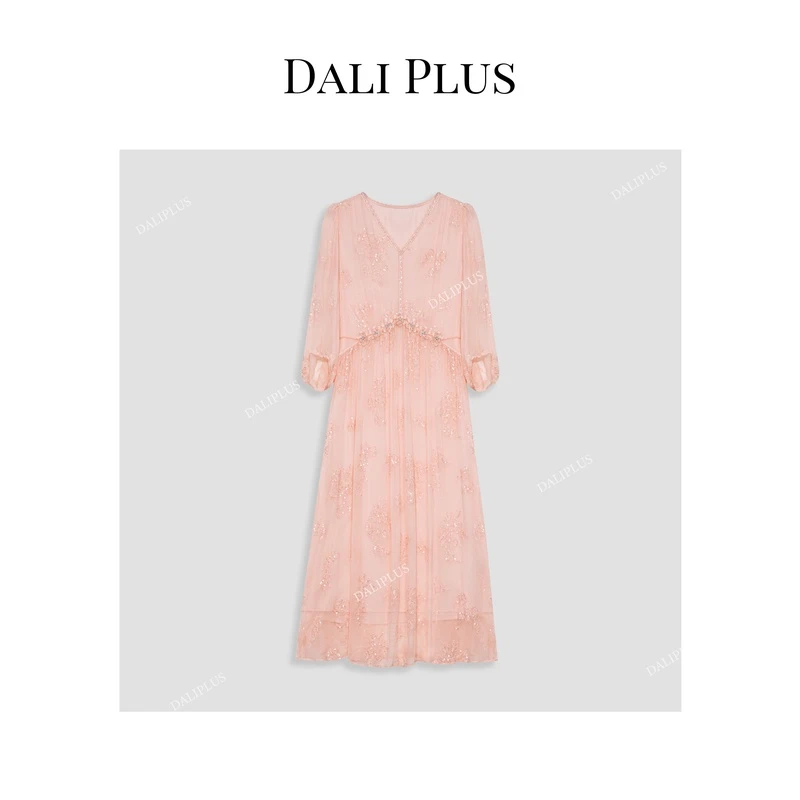 DALI PLUS重磅100%桑蚕丝 嫩粉色立体小花朵度假风连衣裙D4MM0244