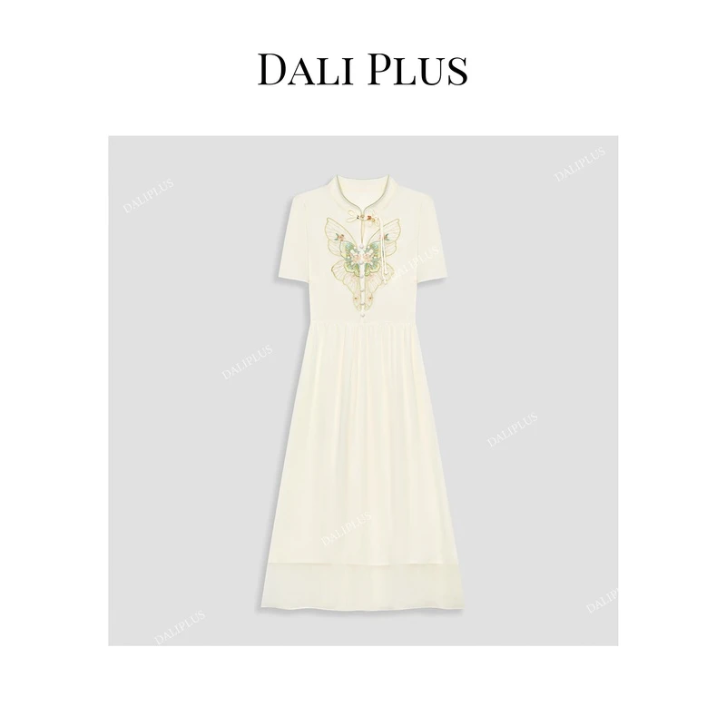 DALI PLUS重磅100%桑蚕丝新中式国风绿色蝴蝶刺绣连衣裙-D4MM0234