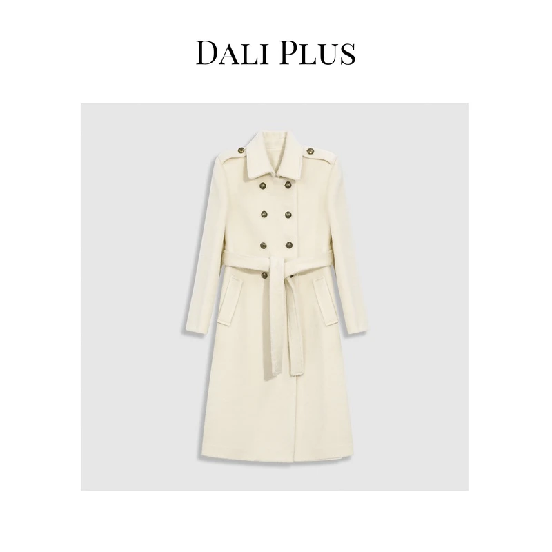DALI PLUS苏力羊驼+绵羊毛立体肩章翻领毛呢长款大衣-H23101
