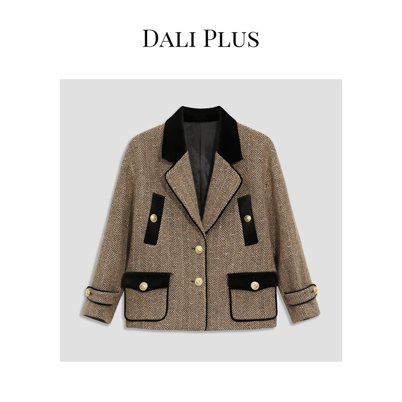 DALI PLUS高奢款精纺羊 毛人字纹大衣灰棕色上衣外套-Z-065