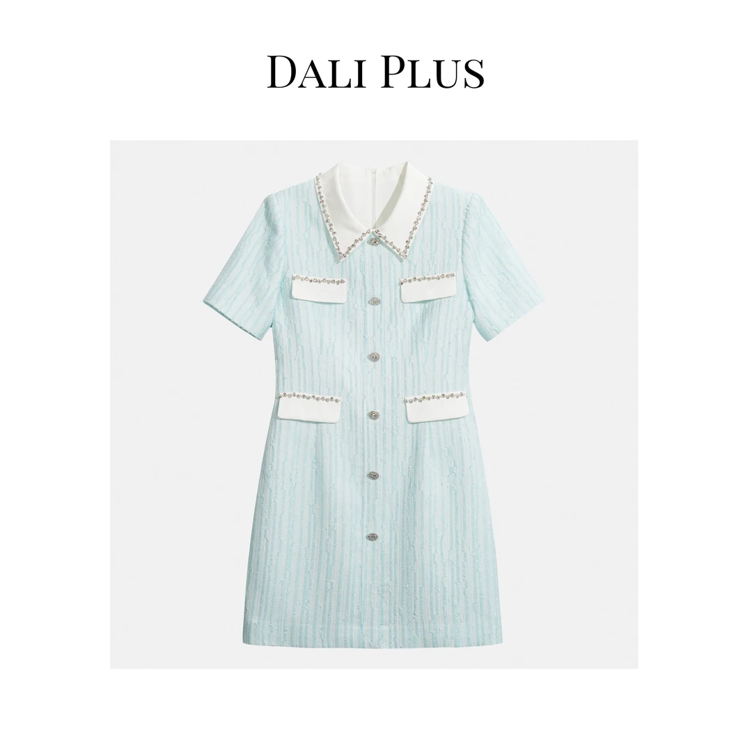 DALI PLUS高档款 精致钻领水蓝色气质小香风女装连衣裙-23T-03132
