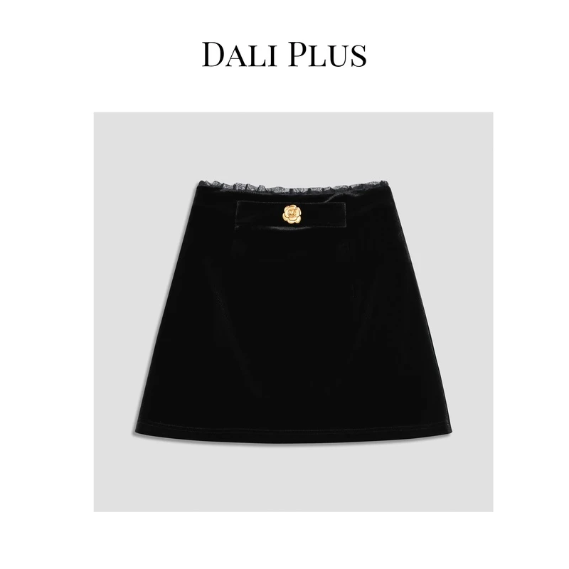 DALI PLUS高黑丝绒拼接桑蚕丝绡高腰显瘦显白半身裙-BQ667