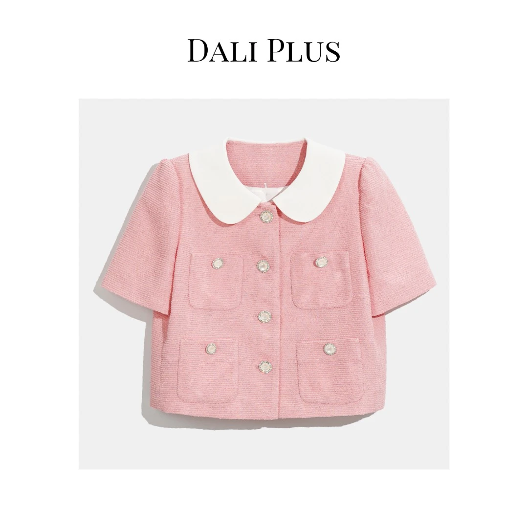 DALI PLUS夏季减龄麻肌感泡泡袖翻领小香风短袖上衣外套-F233089