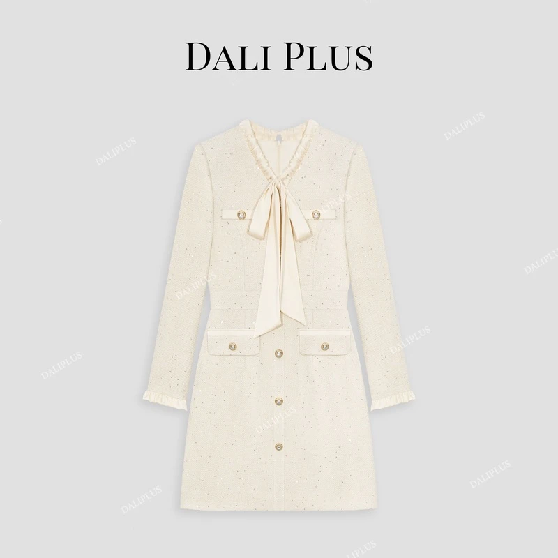 DALI PLUS法式精美亮片白金小香风蝴蝶结飘带连衣裙-D4SS0226