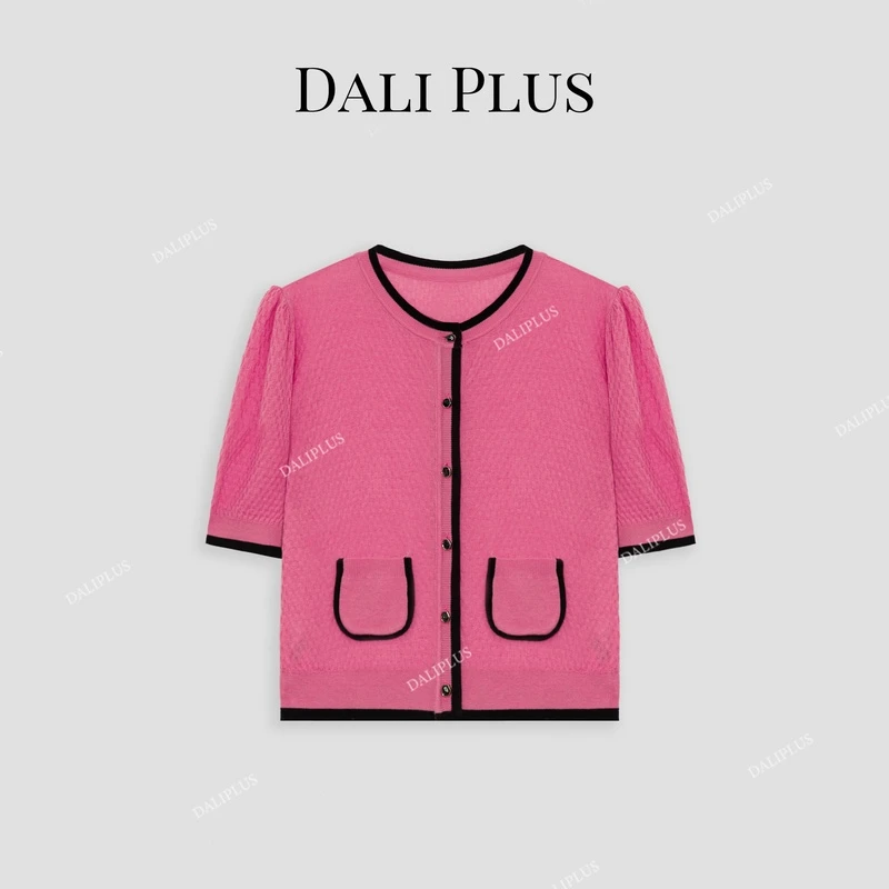 DALI PLUS桑蚕丝羊.毛火龙果撞色薄款小香风针织衫T恤-D4QX0029