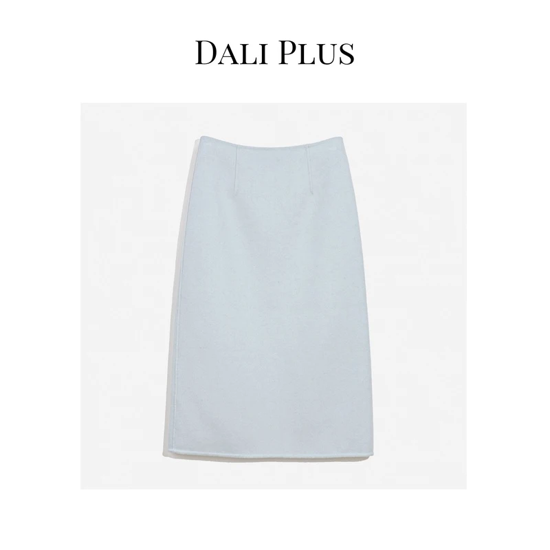 DALI PLUS重磅羊绒优雅冰清蓝色气质中长款毛呢显瘦半身裙-231085