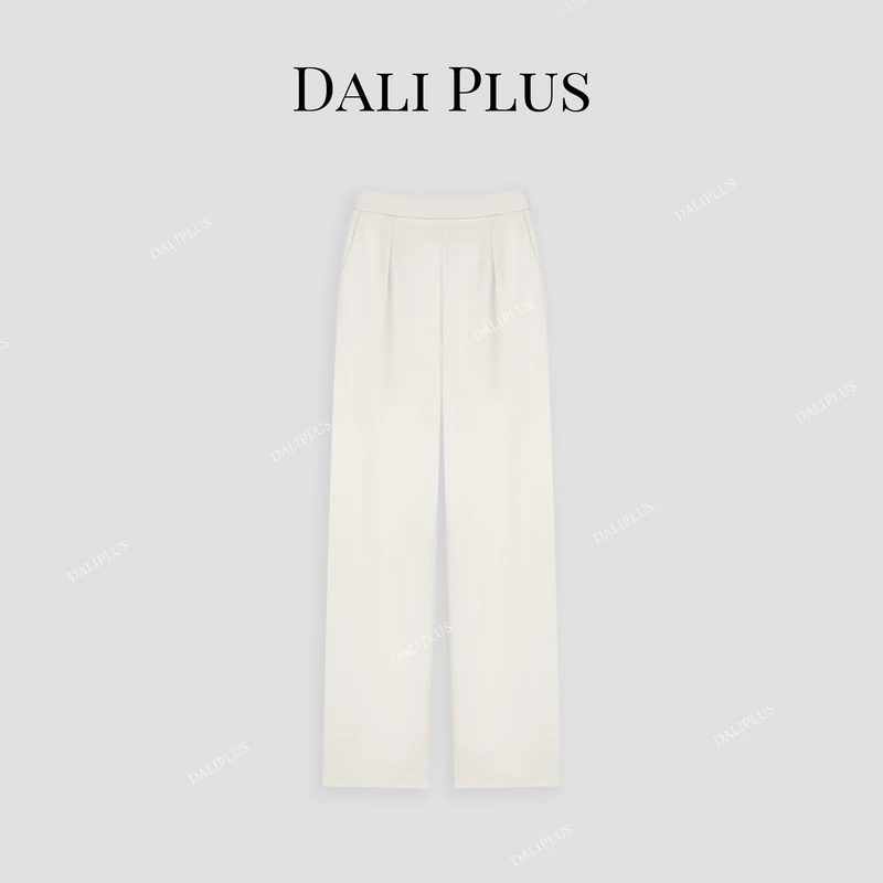 DALI PLUS桑蚕丝羊 毛 秋冬雪绒肌理松紧腰白色拖地长裤-D4XL0153