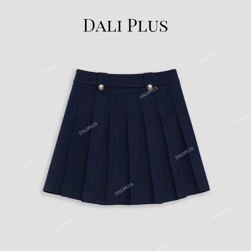 DALI PLUS高腰法式学院风藏青色醋酸百褶短款半身裙-D4MX0012-2