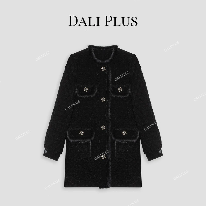 DALI PLUS高黑色丝绒拼接貂毛法式小香风棉服外套-D4ST0168