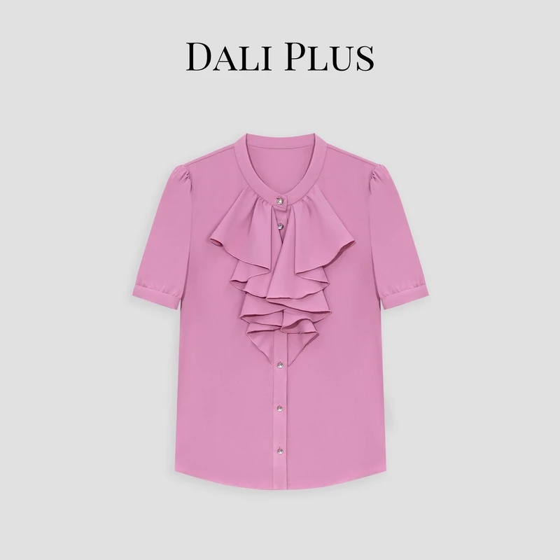 DALI PLUS法式玫紫粉色荷叶边气质边短袖衬衫上衣-D4SZ0072