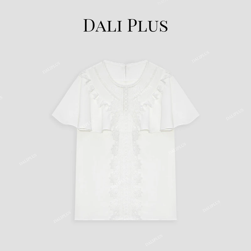 DALI PLUS法式宫廷风白色重工蕾丝斗篷设计短袖衬衫-D4XY0130
