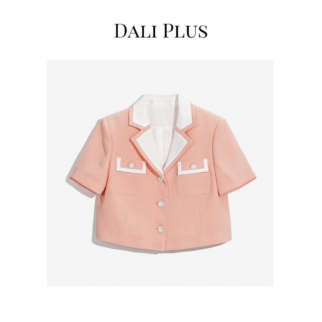 DALI PLUS夏季减龄气质撞色橘色醋酸小香风短袖上衣女外套-G6109