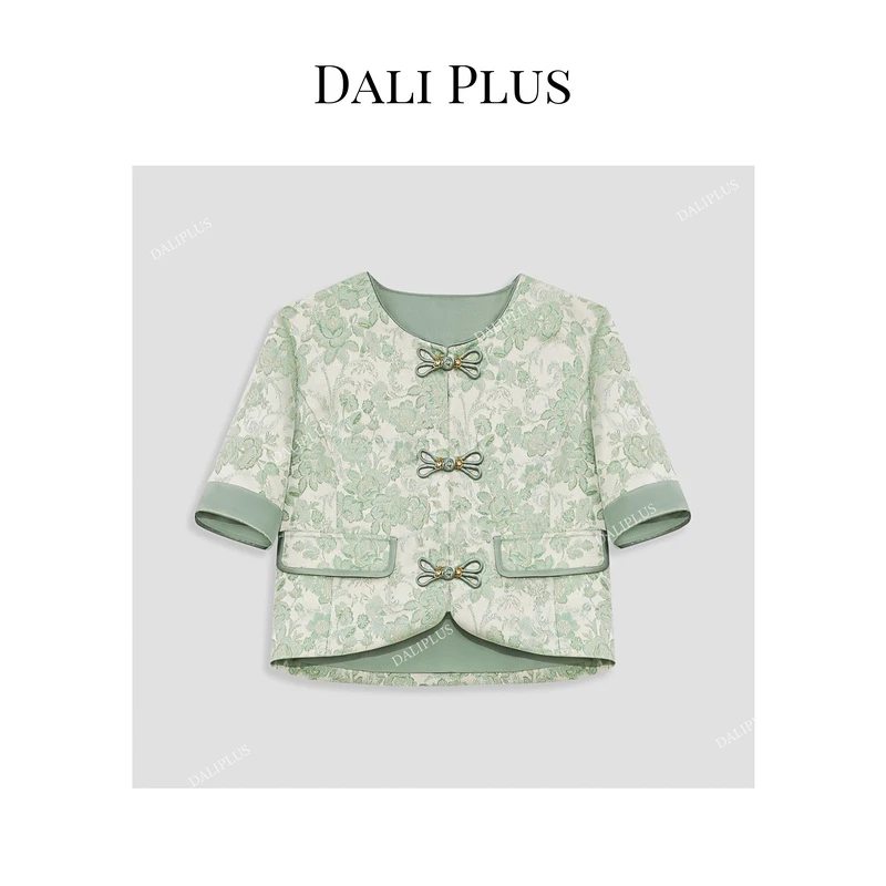 DALI PLUS新国风新中式绿色醋酸暗纹提花盘扣短袖女外套-D4KK0044