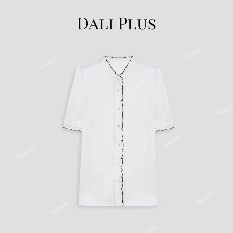 DALI PLUS设计感压褶泡泡袖黑边设计夏季短袖白色衬衫-D4SZ0051